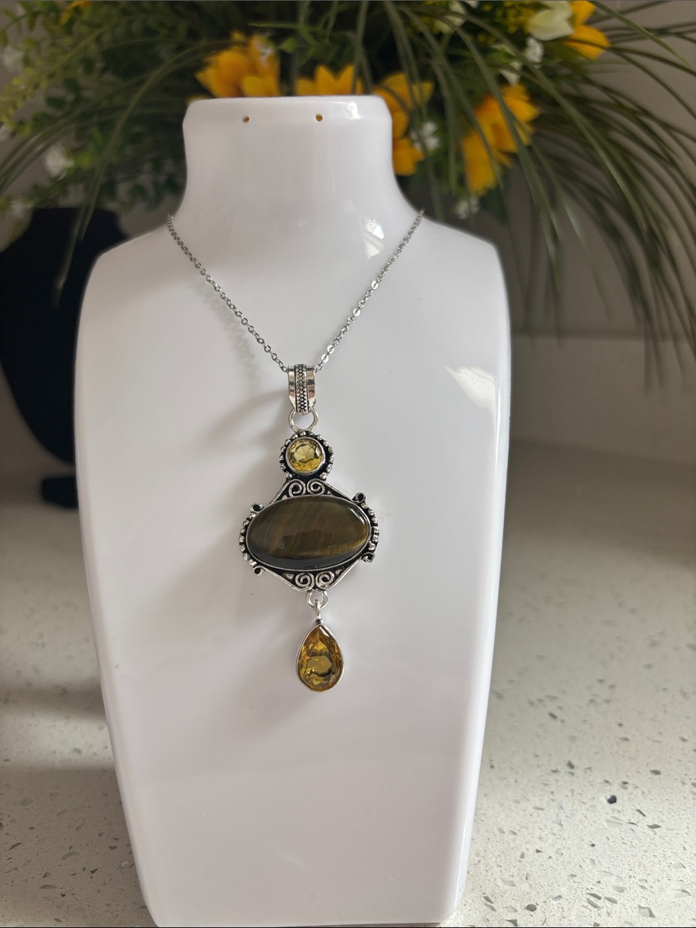 Tiger Eye & Citrine Gemstone Pendant Necklace